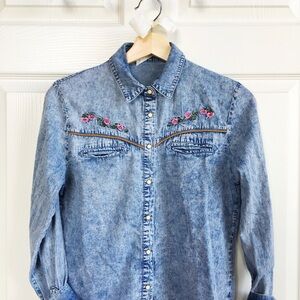 Denim Embroidered Button Down Blouse